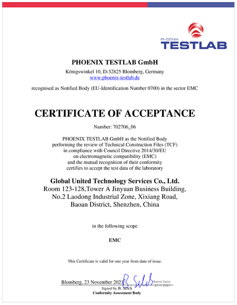 ประเทศจีน Global United Technology Services Co.,Ltd. รับรอง